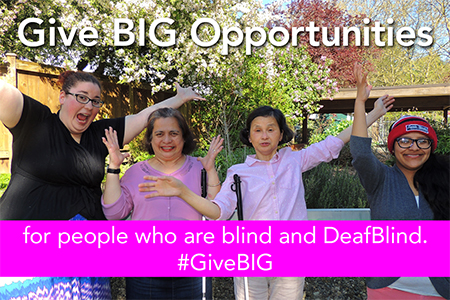 Photo of four Lighthouse employees in the fragrant garden with the caption: "Give BIG Opportunities for people who are blind and DeafBlind. #GiveBIG"