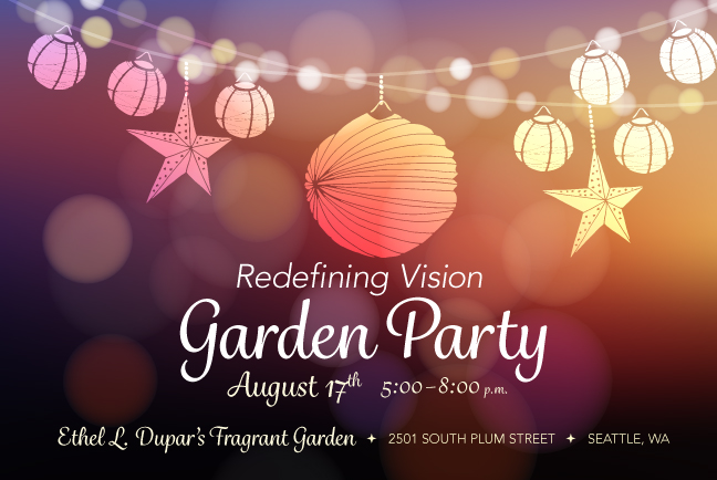 Festive graphic for the Redefining Vision Garden Party