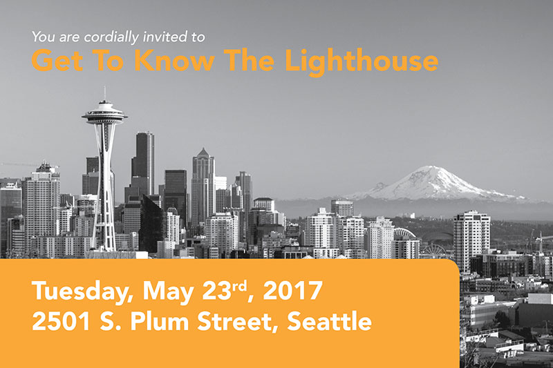 Get to Know the Lighthouse event invitation with photo of downtown Seattle