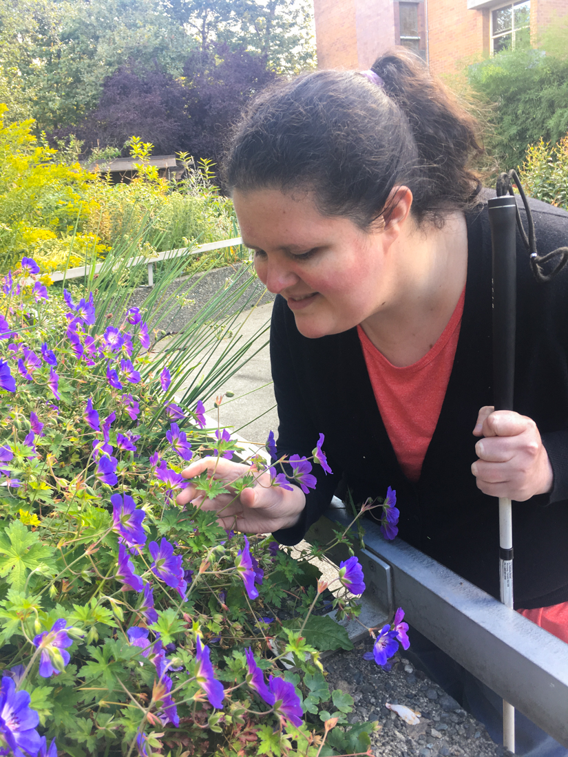 ChelseaFlowers-1 Chelsea smelling the flowers at Ethel L. Dupar's Fragrant Garden