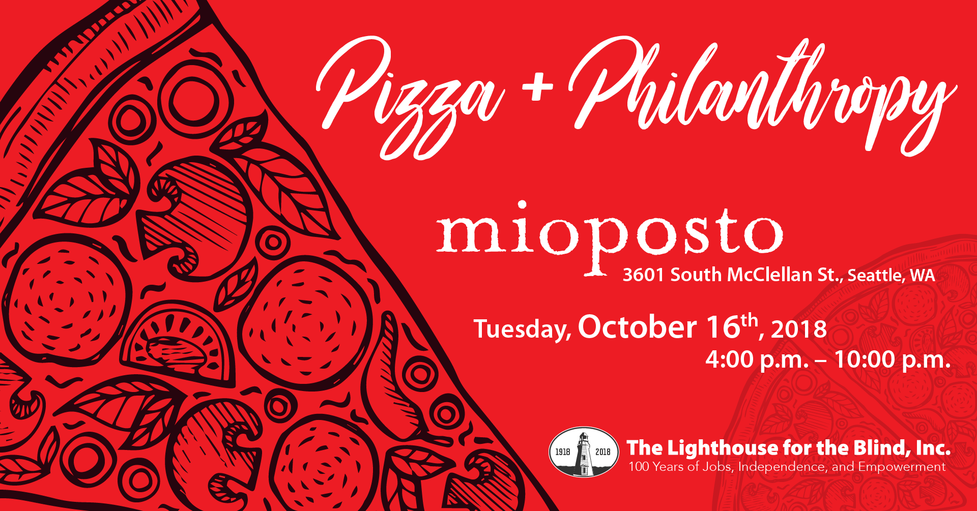 Pizza + Philanthropy graphic with slice of pizza