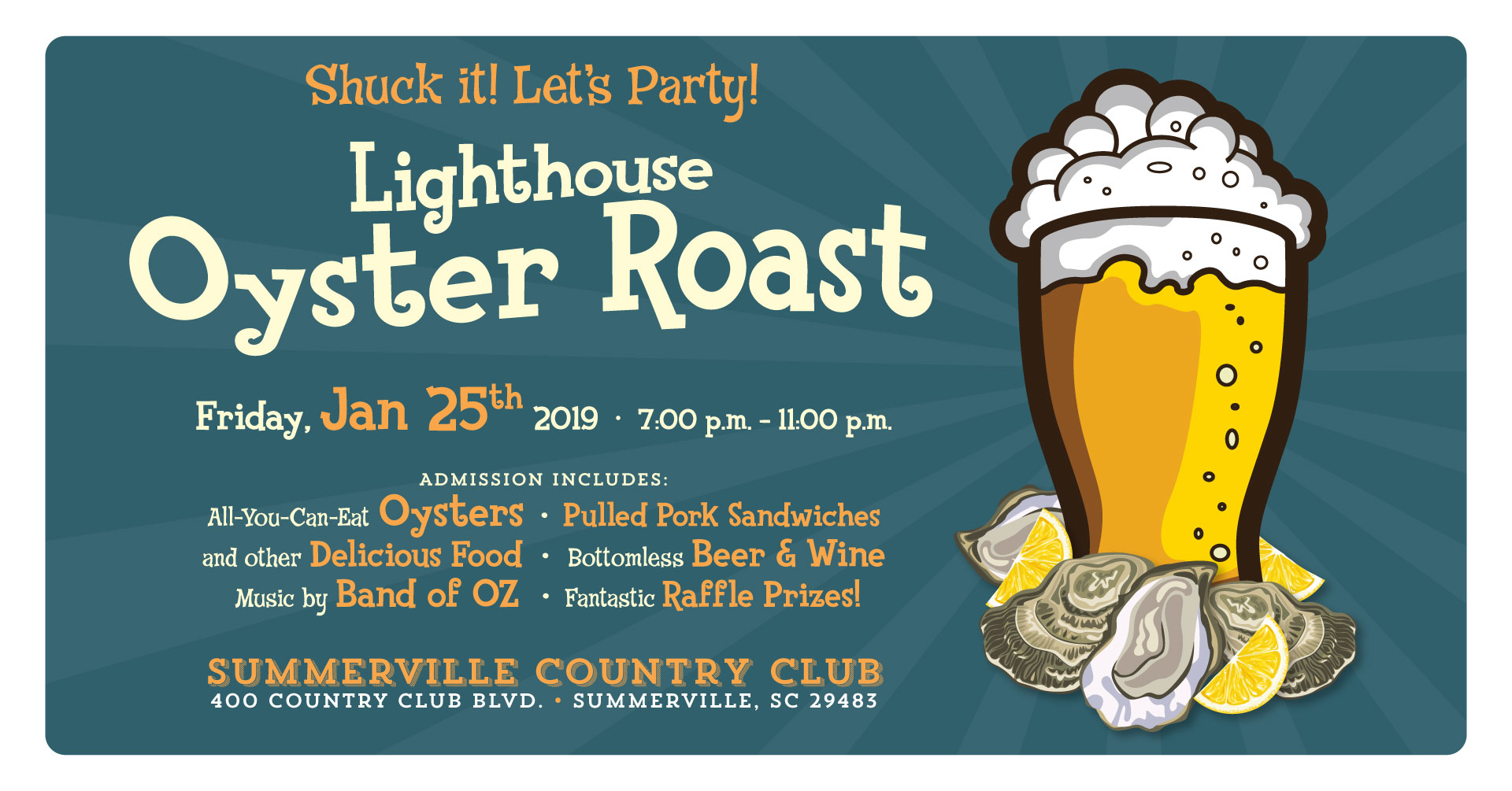 Lighthouse Oyster Roast graphic with glass of beer and oysters