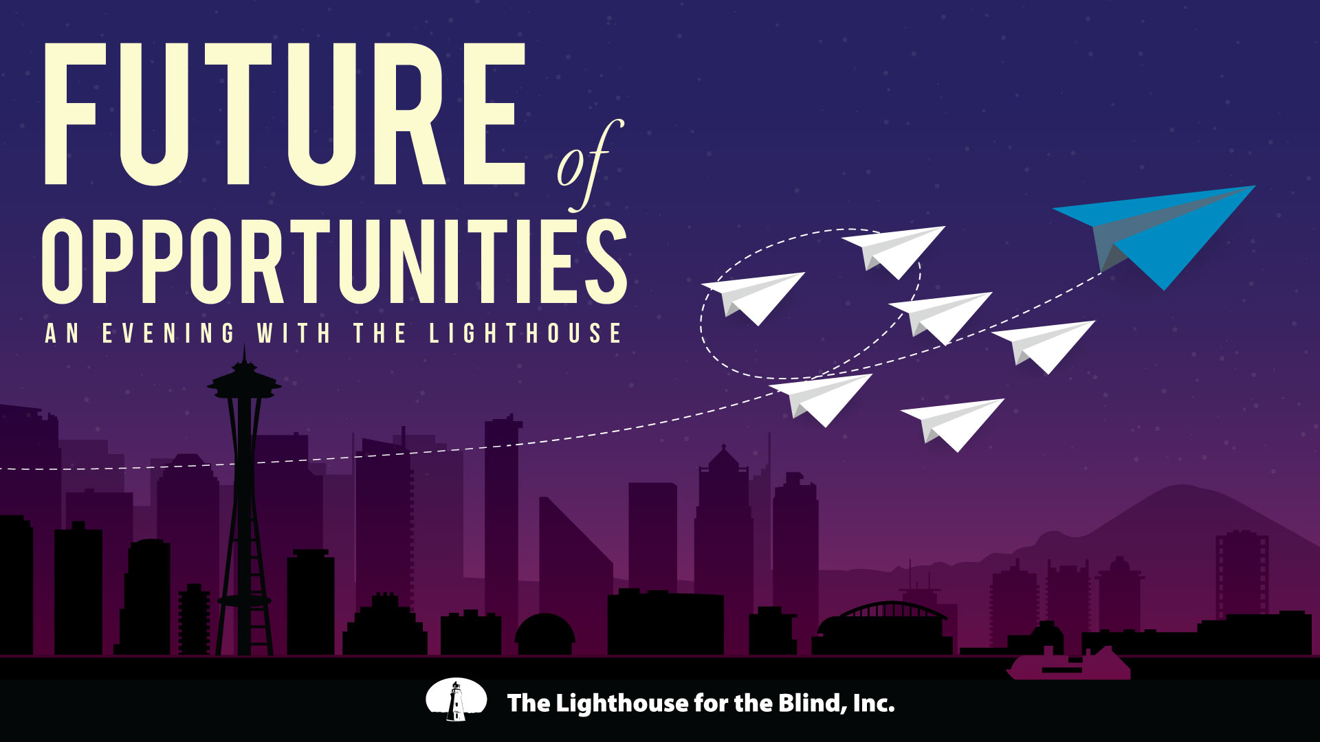 Future of Opportunities graphic with Seattle skyline and flying paper airplanes