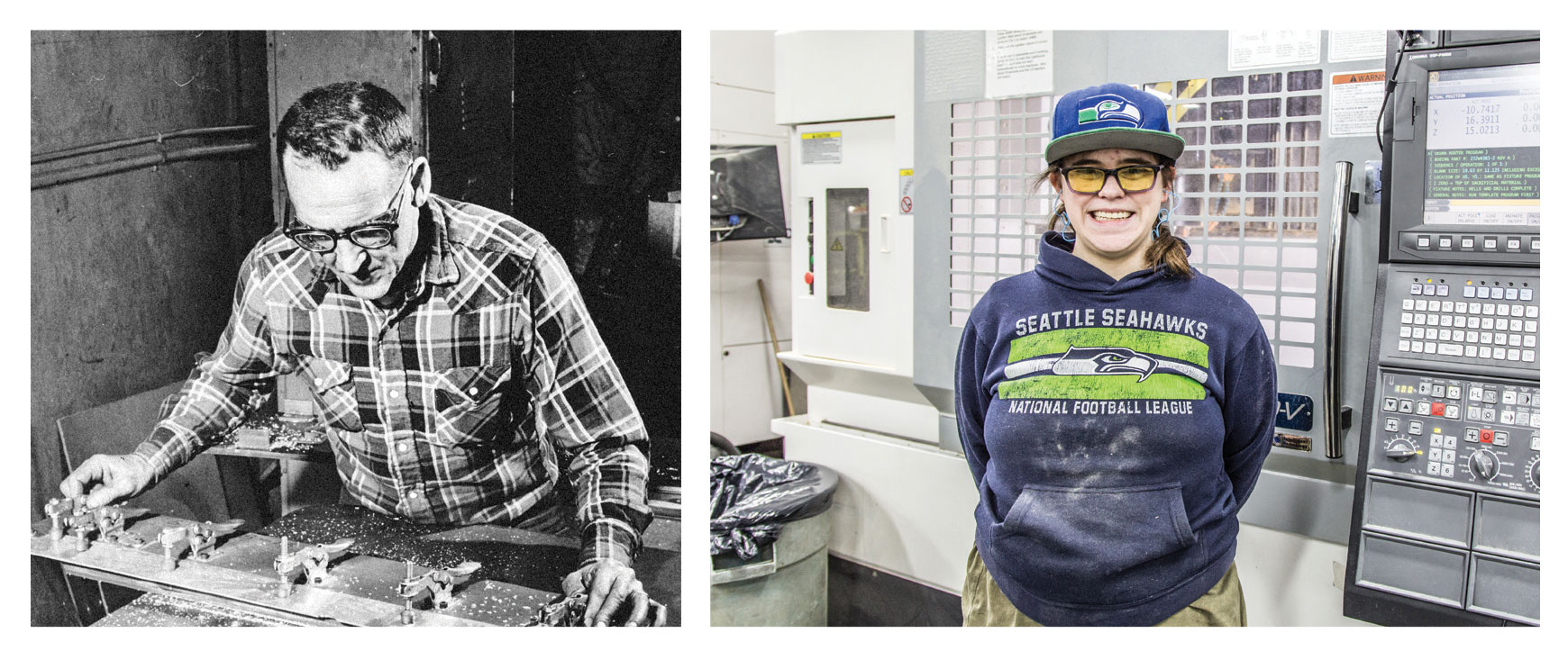Photo with caption: A Lighthouse employee in the early days of machining parts. Photo with caption: Senior Aerospace Production Worker Rachel Talley.