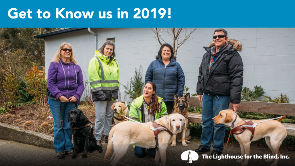 Get to Know the Lighthouse graphic with employees and their guide dogs