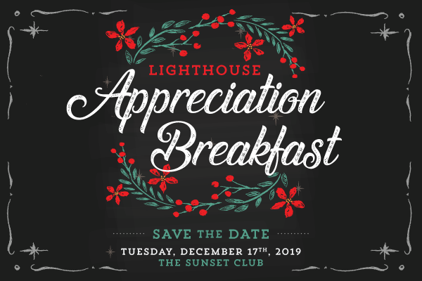 Lighthouse Appreciation Breakfast graphic with holly illustration on chalkboard