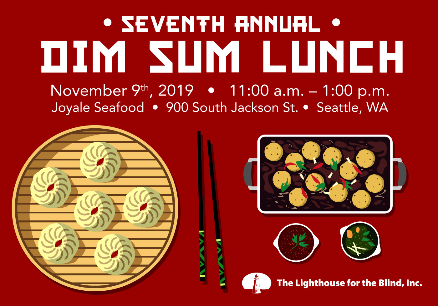 7th Annual Dim Sum Lunch graphic with dumplings and chopsticks