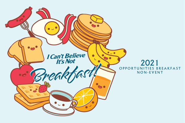 I Can't Believe It's Not Breakfast banner with smiling breakfast foods in a circle