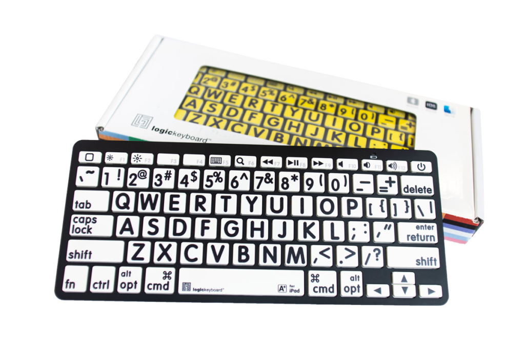 Large print QWERTY keyboards. One is black and white, and the other is black and yellow
