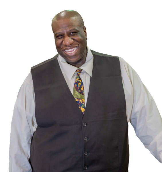 Earnest Glover, Marketing Assistant, a dark skinned man with a bald head is dressed in a suit and smiling.