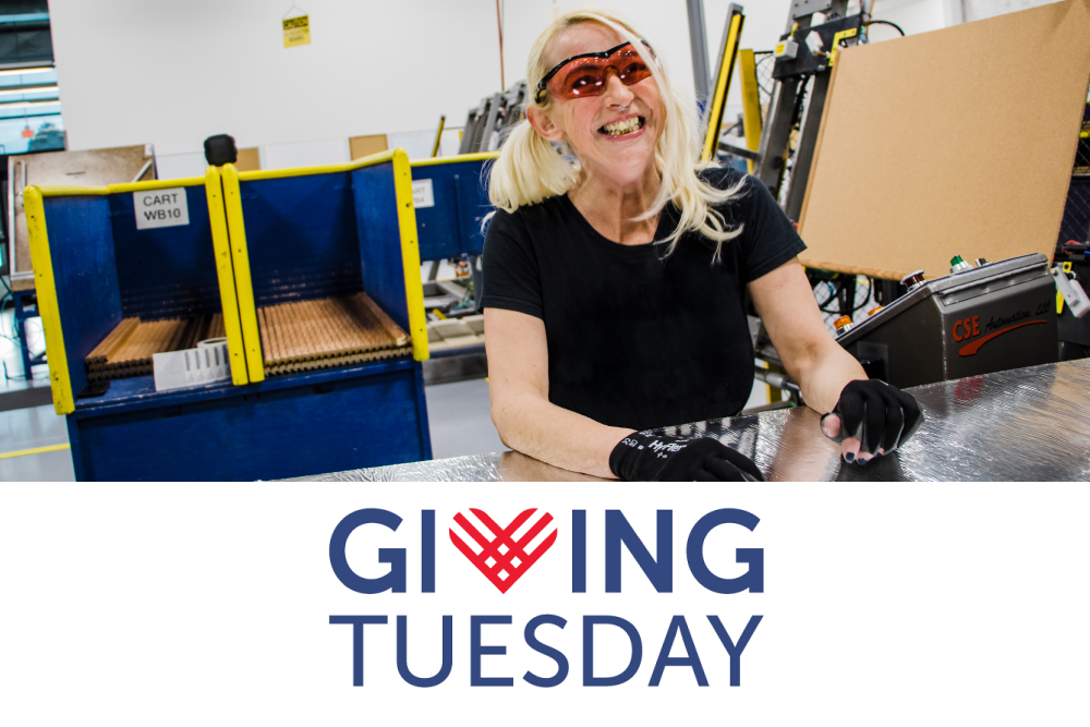 Photo of Heather, a light-skinned woman wearing safety goggles and working in a production floor in Spokane with text - Giving Tuesday