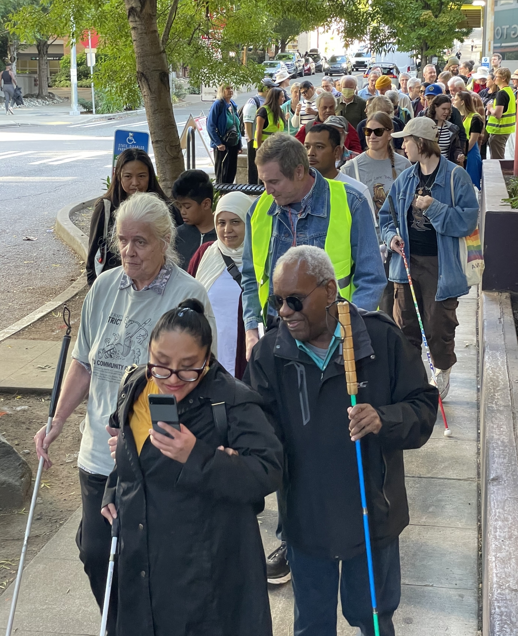 People walking down a city street with white canes.