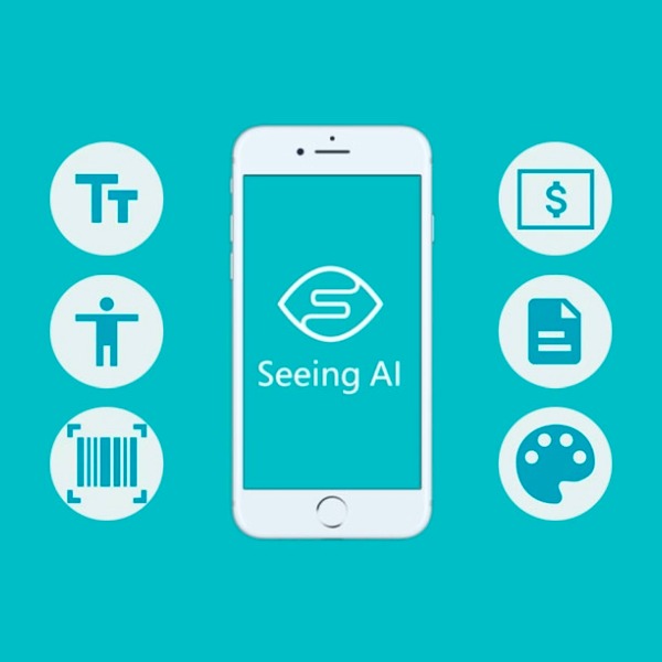Seeing AI smart phone graphic with icons representing all the tool can do