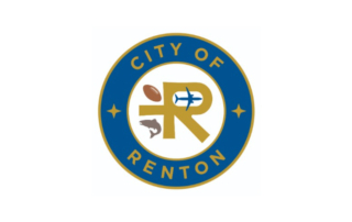 Typography logo for the City of Renton with a football, airplane, and salmon near the big letter R.