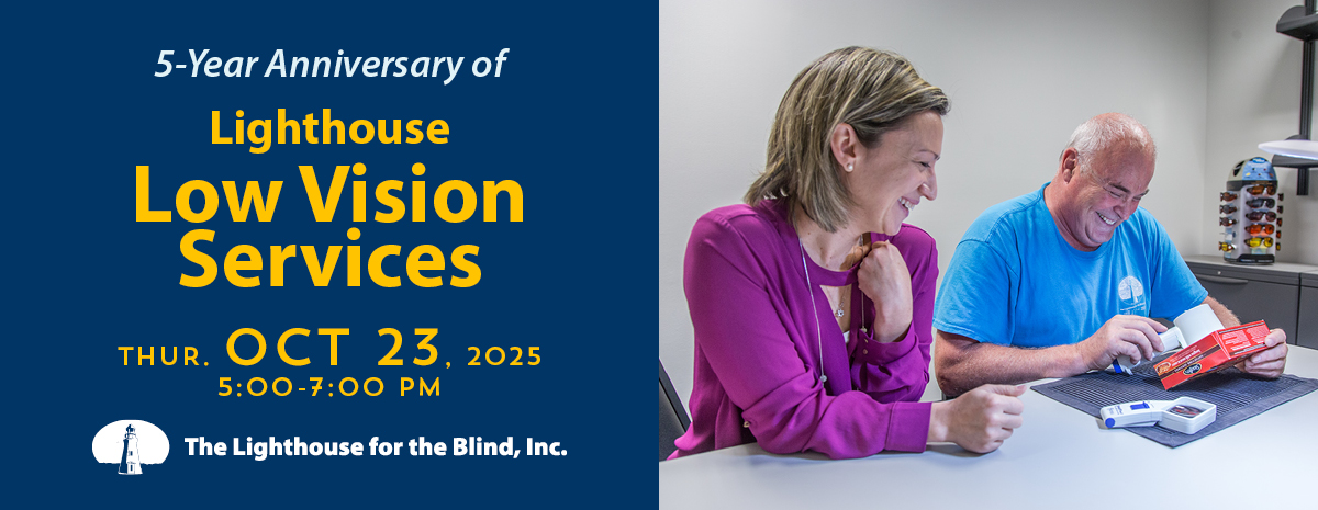 Photo of Dr. Anna Shagas smiling and demonstrating low vision products with Lighthouse employee David Haney in Seattle with text - 5-Year Anniversary of Lighthouse Low Vision Services Thursday Oct 23