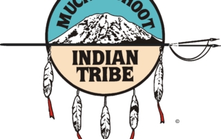 Muckleshoot logo of a dream catcher with Mt. Rainier graphic inside, feathers hanging down.