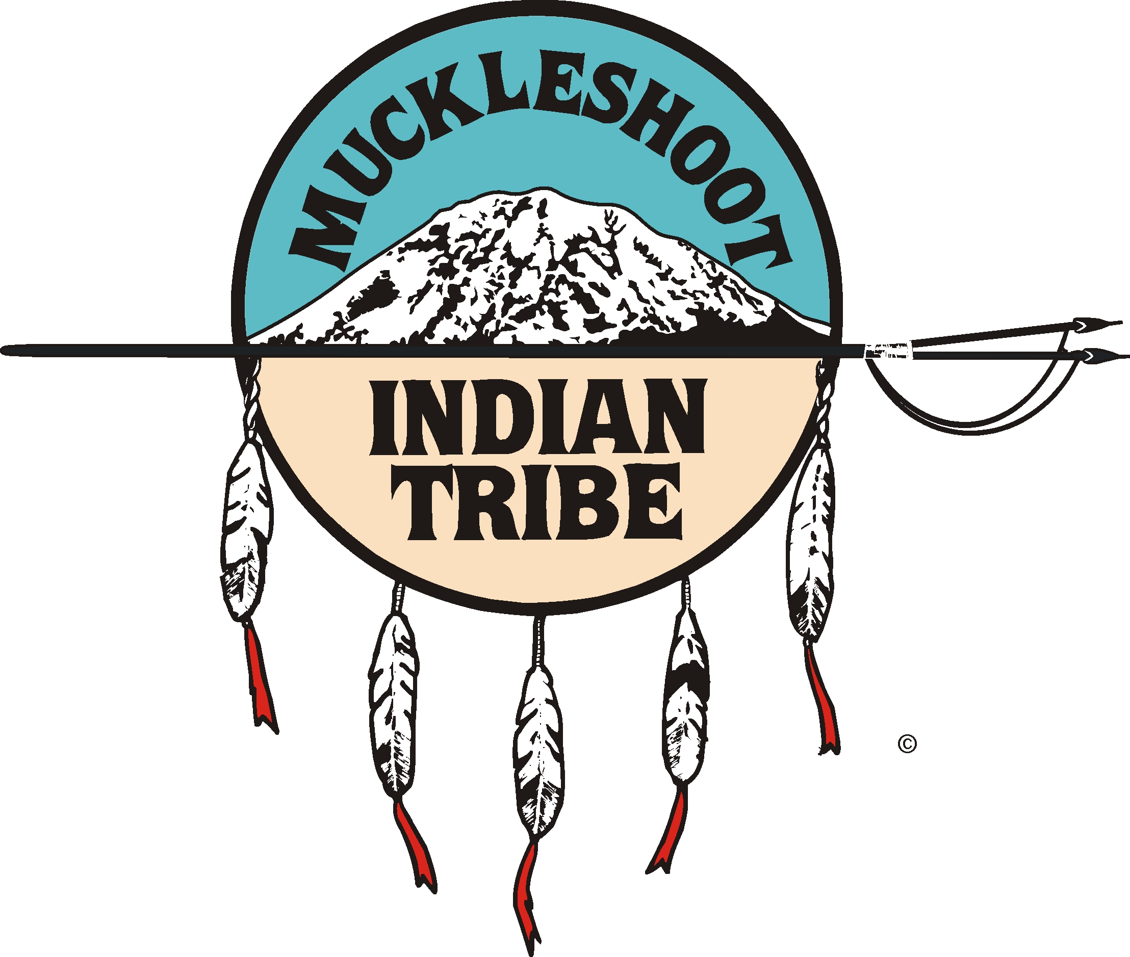 Muckleshoot logo of a dream catcher with Mt. Rainier graphic inside, feathers hanging down.