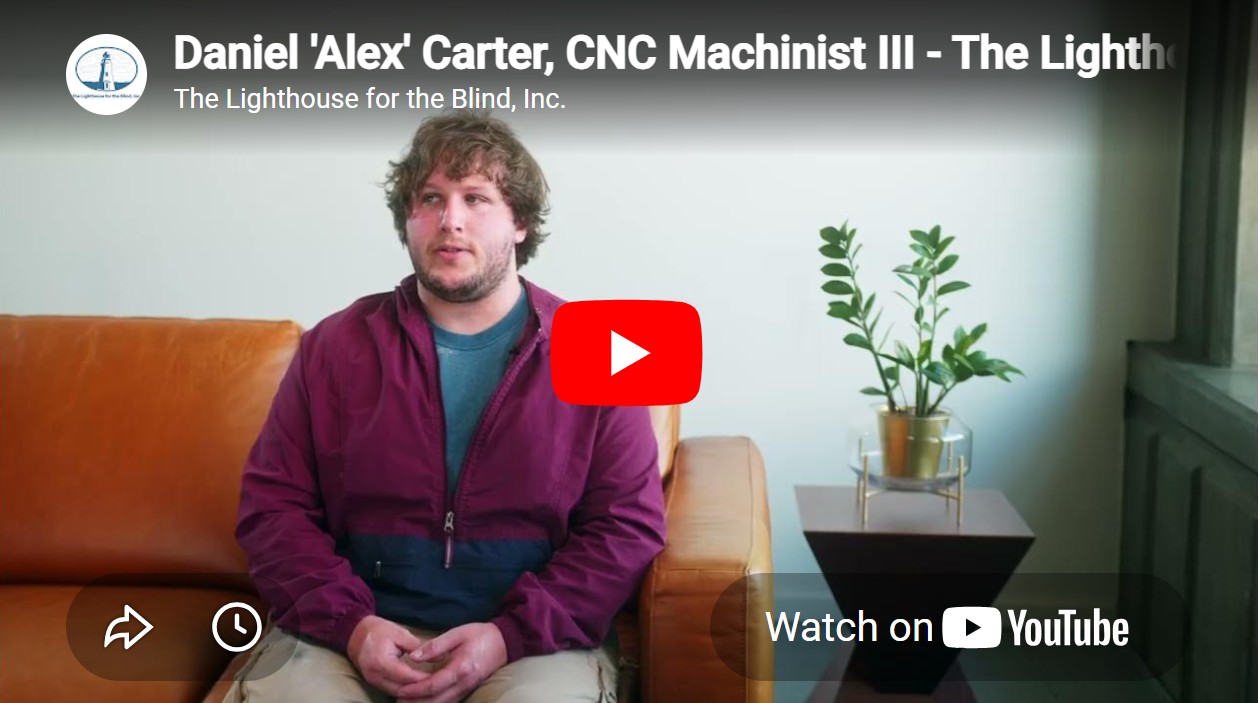 Title Slide of a YouTube vide featuring Alex Carter, CNC Machinist III at the Lighthouse