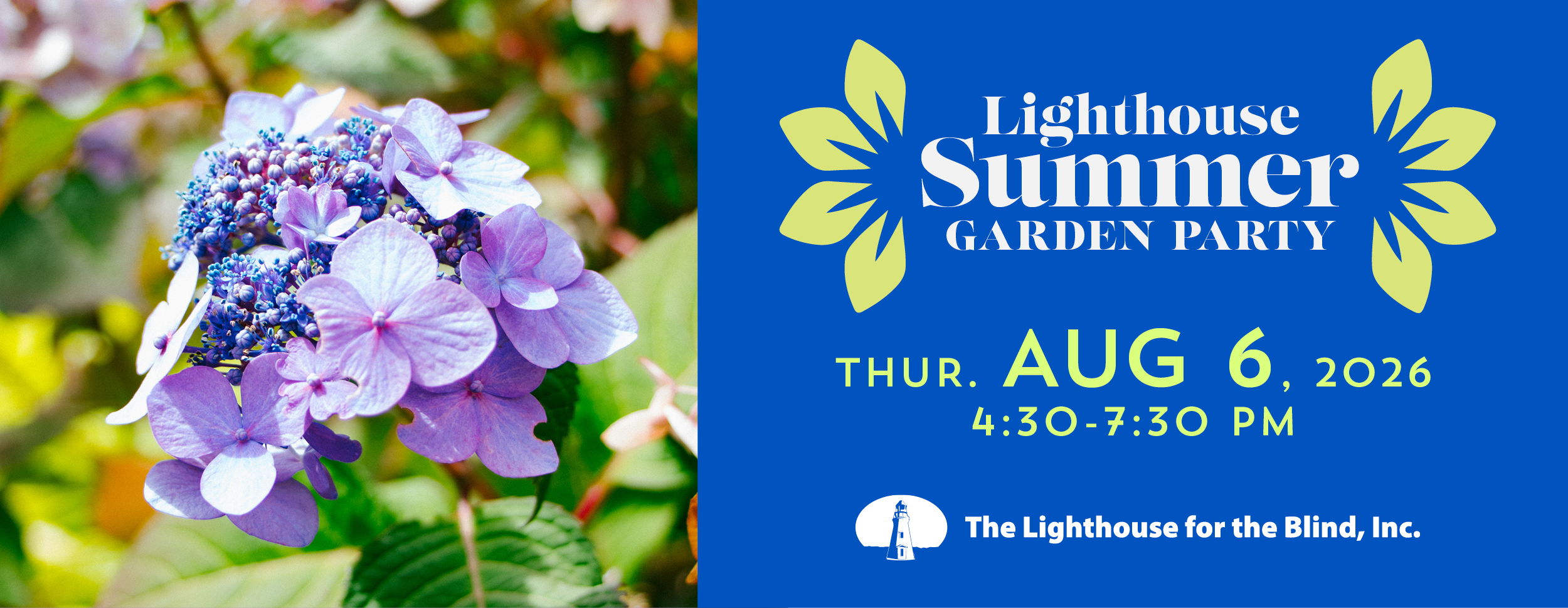 Graphic with purple Hydrangea and text - Lighthouse Summer Garden Party Aug 6th