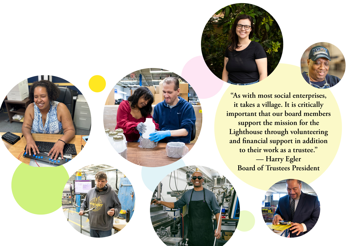 Collage of several Lighthouse employees in various jobs smiling and working