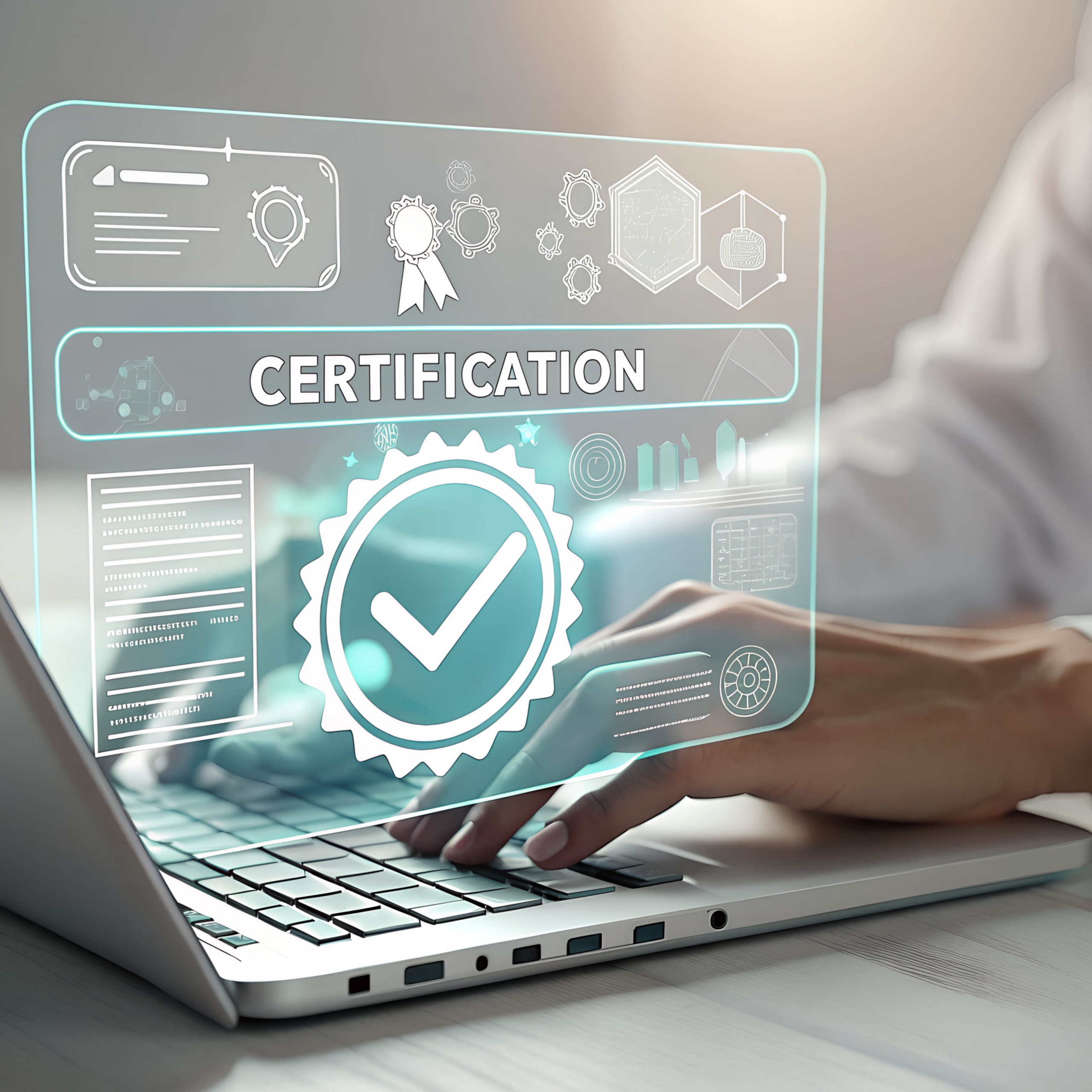 Hands on a laptop keyboard with graphics floating above the hand showing the word "Certification"