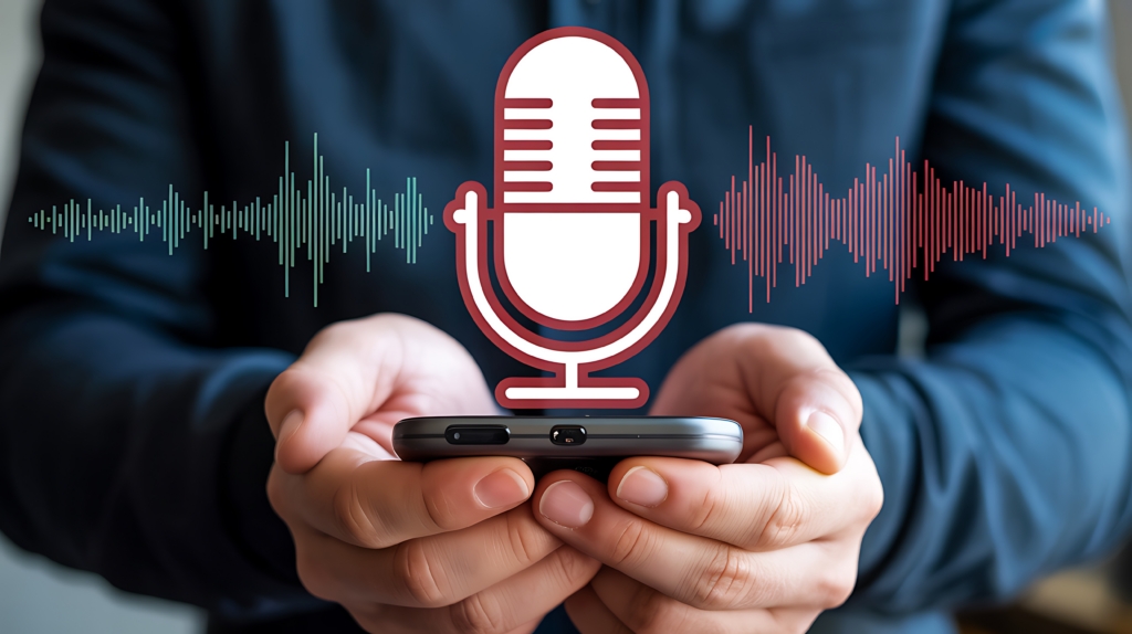 Close-up shot of a person's hands holding an iPhone, with a VoiceOver icon above it, illustrating a recording
