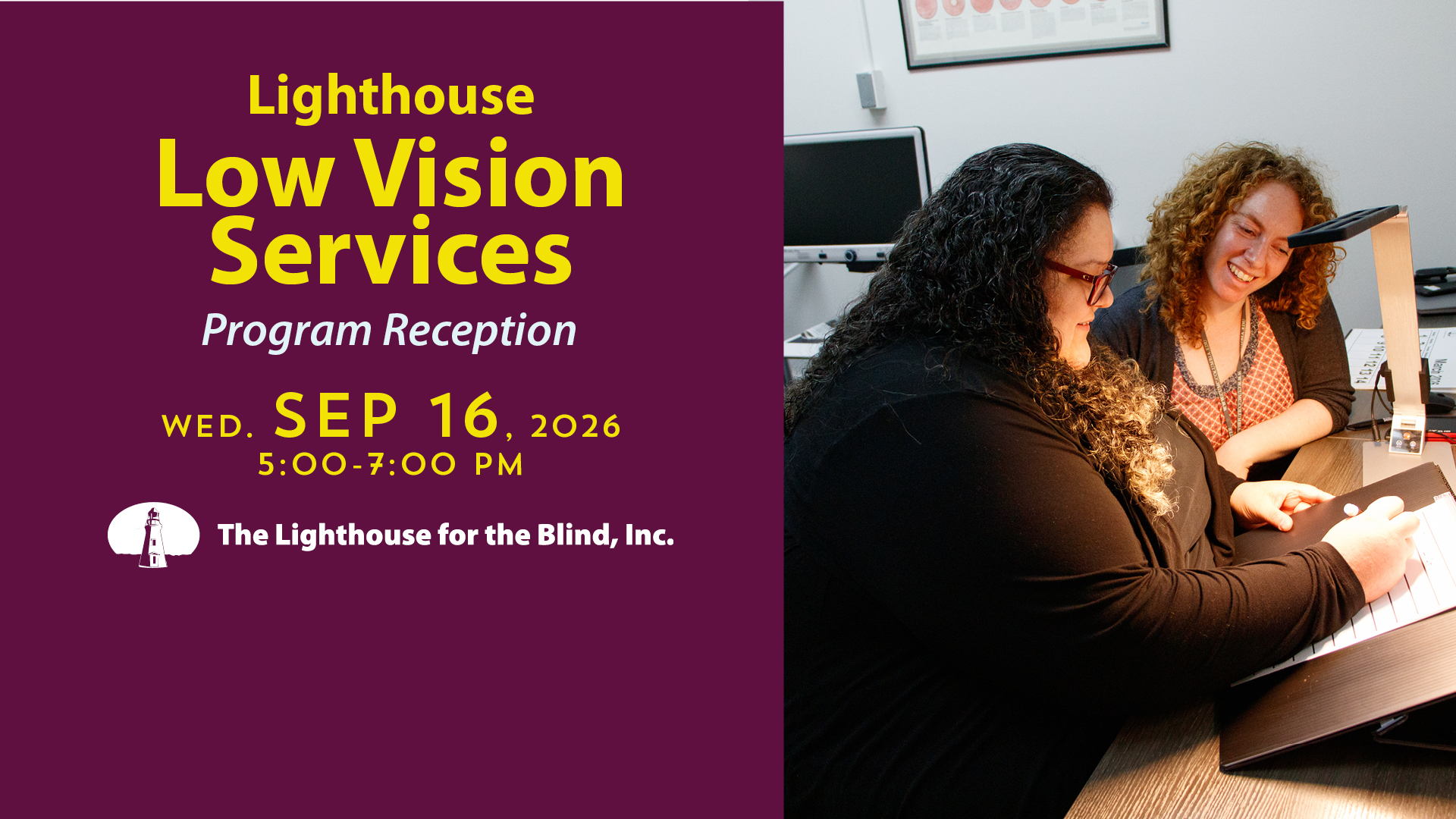 A Low Vision Clinic specialist demonstrates accessible technology with a Lighthouse employee at the Low Vision Clinic